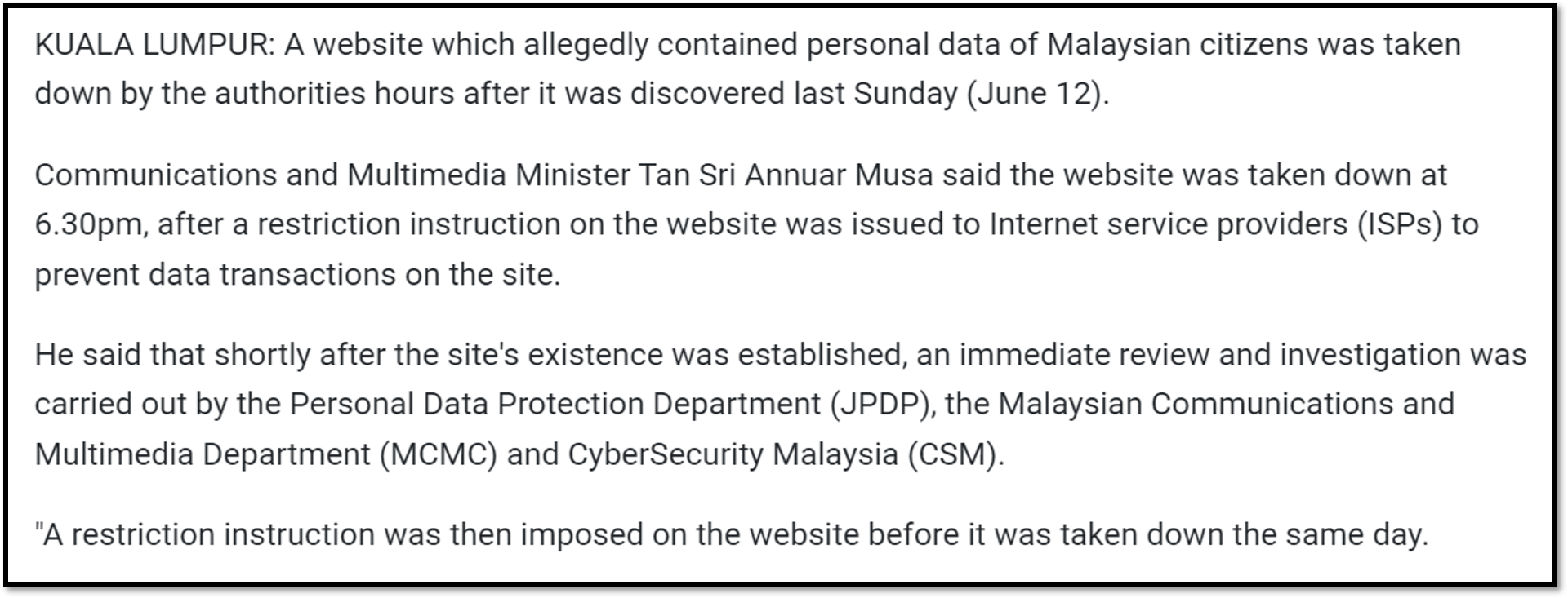 June 2022: Website Containing Malaysian's Personal Data Taken Down